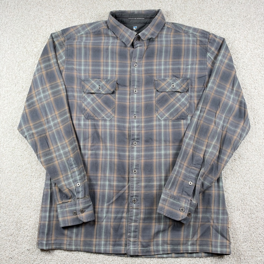 Kuhl Button Down Shirt Mens Large Grey Plaid Long Sleeve Cotton Tencel Outdoor